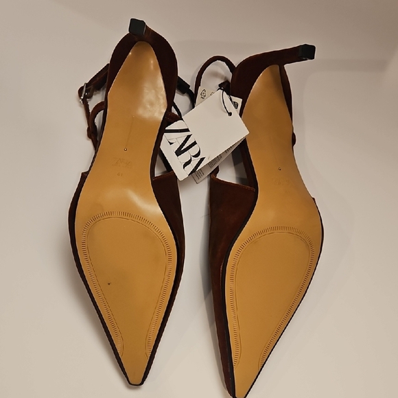 Zara Velvet Brown Slingback Heels - Size 10 - Picture 4 of 6